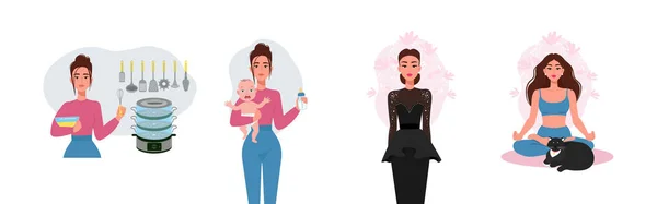 Kinderloos Concept Vrouw Moe Van Huishoudelijk Werk Babyverzorging Een Mooie — Stockvector