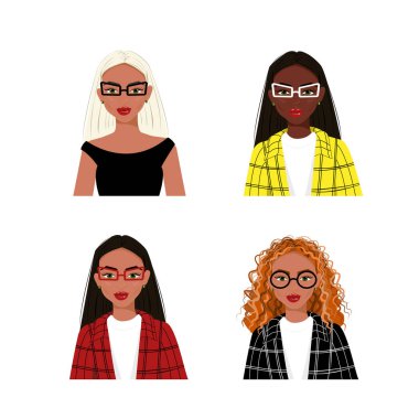 Tarz sahibi kadın portreleri, çok ırklı görünüş, modern kadın. Vektör illüstrasyonu.