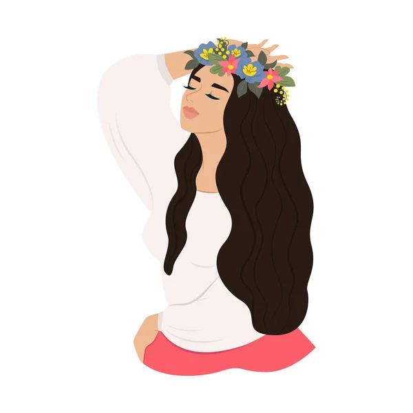 Belle Fille Dans Une Couronne Cheveux Longs Couronne Fleurs Sur — Image vectorielle