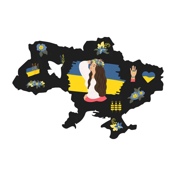 Oekraïense Zwarte Silhouet Van Het Grondgebied Van Oekraïne Symbolen Duif — Stockvector