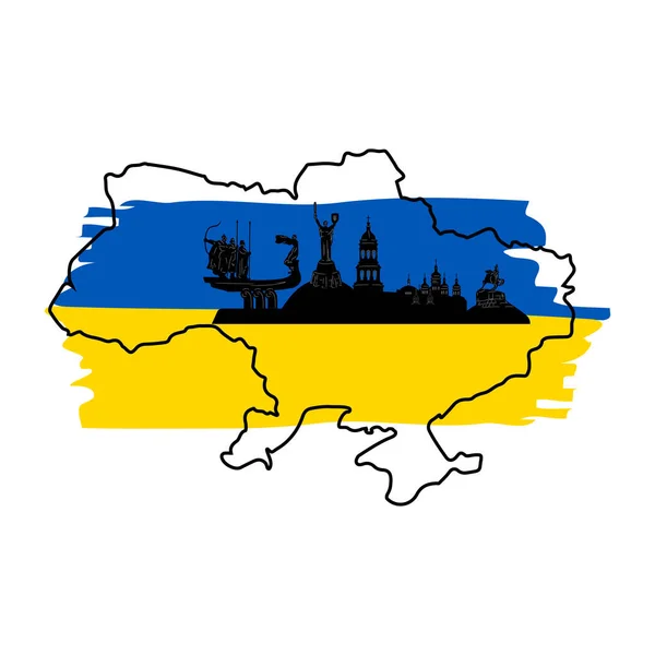 Kaart Van Oekraïne Silhouet Panorama Van Stad Kiev Historische Monumenten — Stockvector