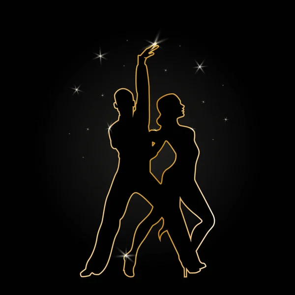 Tänzer Paaren Schwarze Silhouetten Mit Goldenen Umrissen Auf Schwarzem Hintergrund — Stockvektor