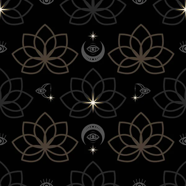 Lotus Flower Esoteric Symbols Moon Golden Stars Seamless Pattern Black — Stock Vector
