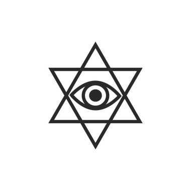 Pentagram vektör çizgisi sanat tarzında her şeyi gören göz, dövme tasarım unsuru, Ezoterik sembol izole edilmiş.