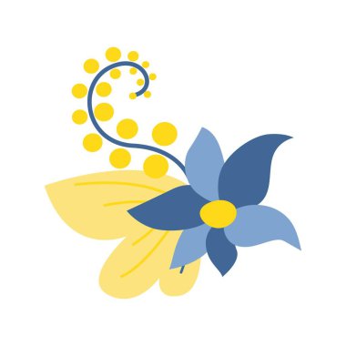 Beyaz arkaplanda yaprakları olan sarı mavi çiçek, Vektör illüstrasyonu.