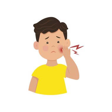Çocuklarda diş ağrısı. Yanağını tutan üzgün çocuk. Yüz sinirlerinde iltihap var. Vektör çizimi. Çocuk hastalıkları.