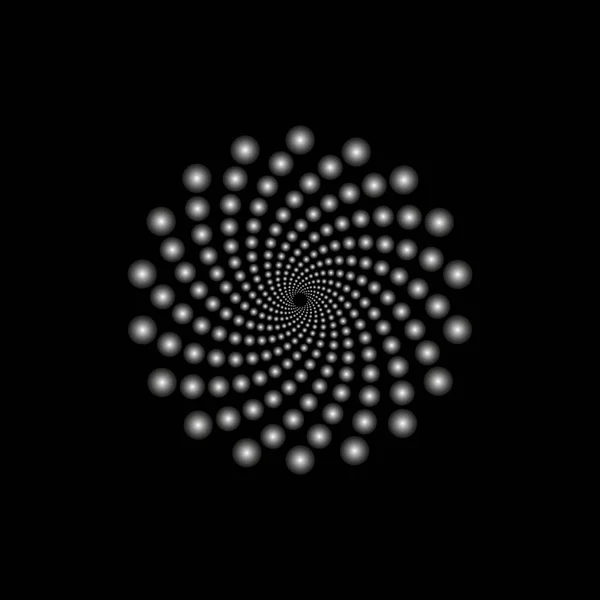 点的涡旋向中心 在透视上逐渐减小 摘要标志设计 在黑色上隔离的数字几何设计元件 — 图库矢量图片