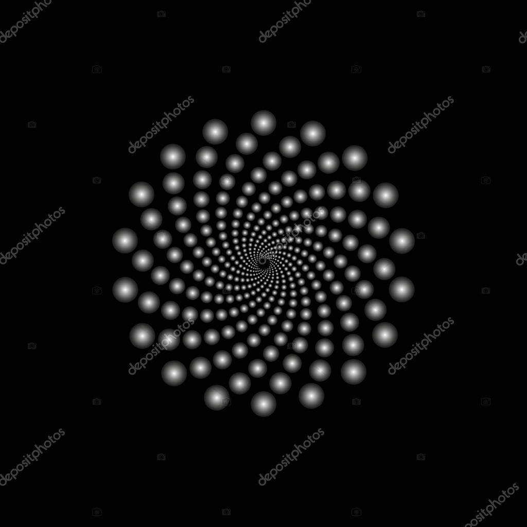 Vortex of points swirled to the center diminishing in perspective. Abstract logo design. Digital geometric design element isolated on black.
