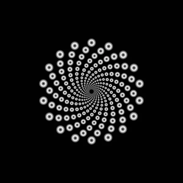 点的涡旋向中心 在透视上逐渐减小 摘要标志设计 在黑色上隔离的数字几何设计元件 — 图库矢量图片