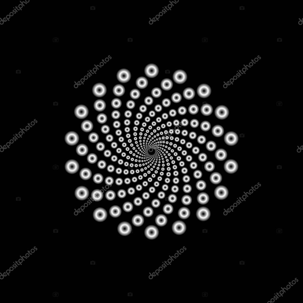 Vortex of points swirled to the center diminishing in perspective. Abstract logo design. Digital geometric design element isolated on black.