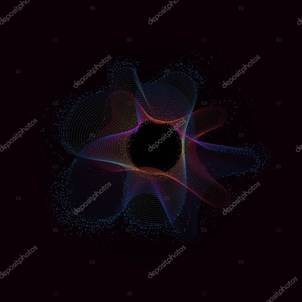Dark abstract background with glowing wavy tunnel. Shiny moving lines design element. Futuristic technology concept. Modern purple blue gradient smooth wave lines. Vector illustration.