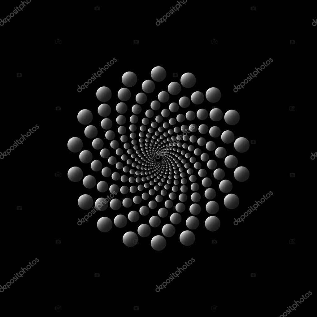 Vortex of points swirled to the center diminishing in perspective. Abstract logo design. Digital geometric design element isolated on black.