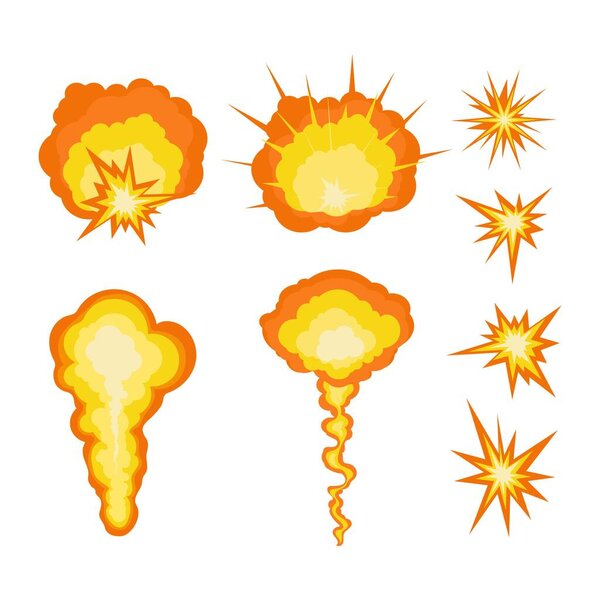 Explosion flash cartoon illustration, mushroom after explosion burning sparks. Vector isolated objects.
