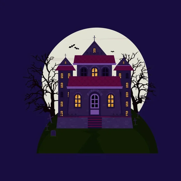 Casa Assustadora Castelo Com Cemitério Fundo Uma Lua Cheia Casa — Vetor de Stock
