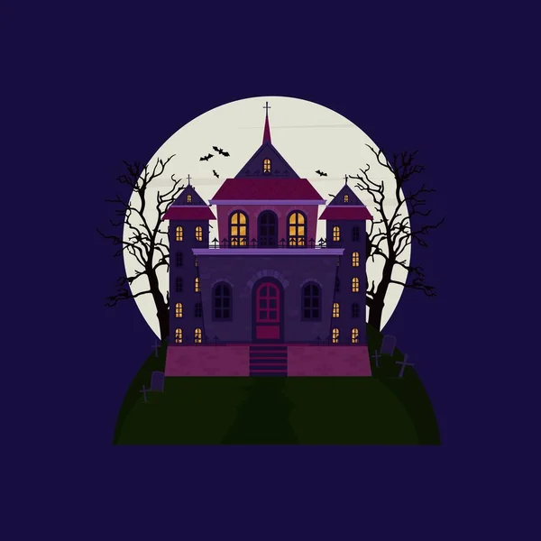 Страшный Замок Кладбищем Фоне Полнолуния Дом Хэллоуин Векторная Иллюстрация — стоковый вектор