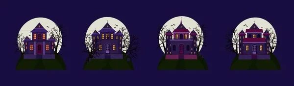Gruselige Burghäuser Mit Einem Friedhof Hintergrund Bei Vollmond Halloween Häuser — Stockvektor