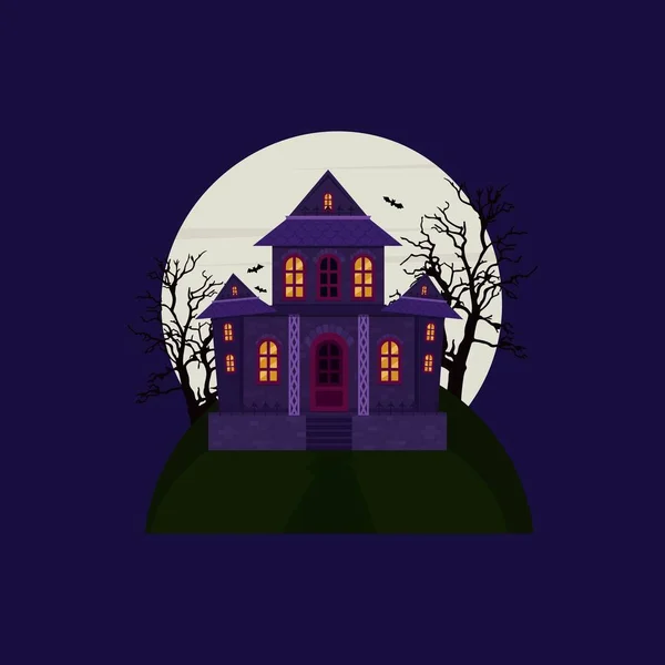 Straszny Zamek Cmentarzem Tle Pełni Księżyca Dom Halloween Ilustracja Wektora — Wektor stockowy