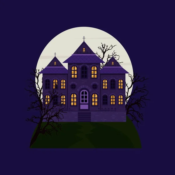 Страшний Замок Кладовищем Тлі Повного Місяця Будинок Хелловін Векторні Ілюстрації — стоковий вектор
