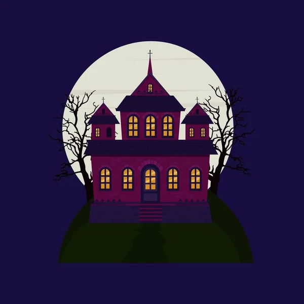 Děsivý Zámecký Dům Pozadí Úplňku Halloween House Vektorová Ilustrace — Stockový vektor