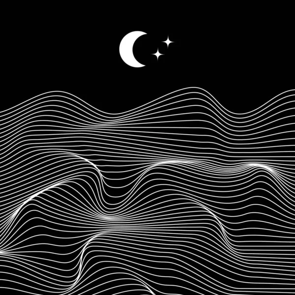 Linear Abstract Mountains Waves Dark Background Moon Wavy Linear Hills — Stock Vector