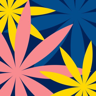 Koyu parlak çiçeklerdeki tropik çiçek izleri, renkli kenevir desenleri. Vektör yaz arkaplanı.