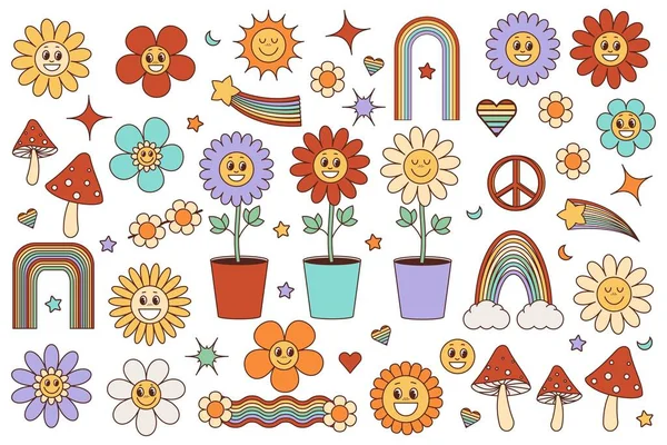 Havalı hippi elementleri. 1970 'lerin tarzında eğlenceli gökkuşağı çiçekleri ve mantarlar. Retro psychedelic clipart tarzı çıkartma paketi. Vektör illüstrasyon çizgi filmi izole et.