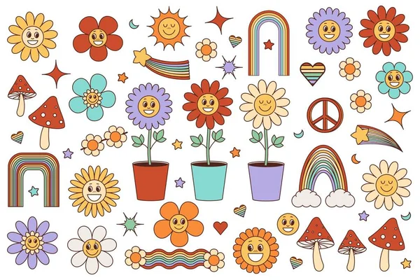 Groovige Hippie Elemente Lustige Regenbogenblumen Und Pilze Stil Der 1970Er lizenzfreie Stockillustrationen