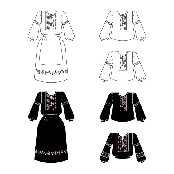 Embroidered Shirts Dresses Sketches Set Ukrainian National Dress Linear Icons — Stock Vector