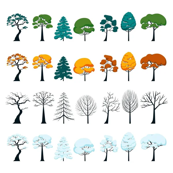 Conjunto Árvores Diferentes Estações Quatro Estações Vetorial Ilustração Plana Árvores — Vetor de Stock