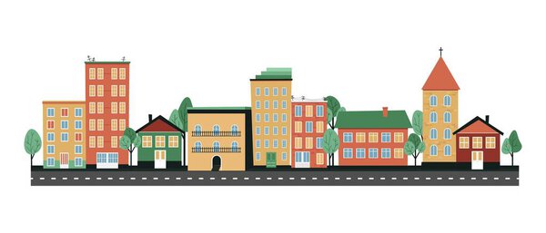 Buildings of various shapes along the street are high-rises and private houses. Urban space panorama. Vector flat illustration.