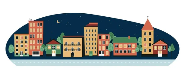 Gece şehri, evler ve binalar, yol kenarındaki ağaçlar, yıldızlı gece gökyüzü, kentsel alan. Vektör düz resimleme.