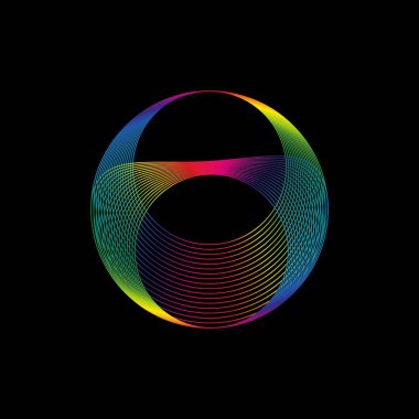 Ses dalgası, dengeleyici gökkuşağı renk gradyanı. Modern gelecek teknolojisi. Siyah arkaplanda izole edilmiş vektör geometrik soyut element.