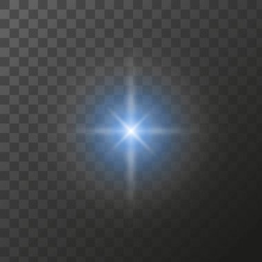 Şeffaf arkaplanda parlayan mavi yıldız, parlak mavi ışık, aydınlık parçacıklar. İzole edilmiş ışık efekti.