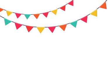 Renkli bayraklı çelenk yatay bayrak. Beyaz zemin üzerinde düz çizgi film tarzında şenlikli vektör arkaplanı.