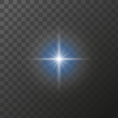 Şeffaf arkaplanda parlayan mavi yıldız, parlak mavi ışık, aydınlık parçacıklar. İzole edilmiş ışık efekti.