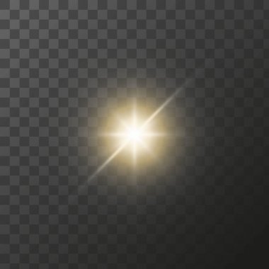 Şeffaf bir arkaplanda parlayan altın yıldız. Işık vektörü özel efekti izole edildi.