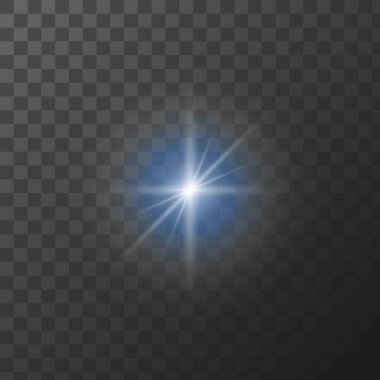 Şeffaf arkaplanda parlayan mavi yıldız, parlak mavi ışık, aydınlık parçacıklar. İzole edilmiş ışık efekti.