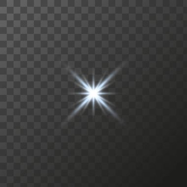 Işık saçan yıldızlar, parlak ışık efektleri şeffaf bir arkaplanda parlak elementler. Vektör özel efektleri izole et.