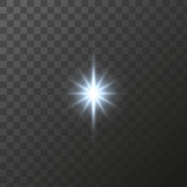 Işık saçan yıldızlar, parlak ışık efektleri şeffaf bir arkaplanda parlak elementler. Vektör özel efektleri izole et.