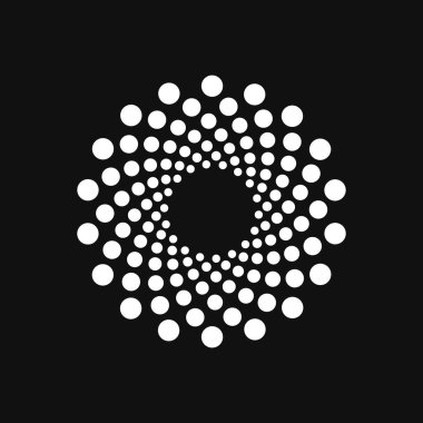 Halftone point vortex on dark. Abstract futuristic digital technology logo element. Vector geometric shape.