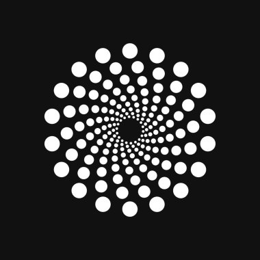 Halftone point vortex on dark. Abstract futuristic digital technology logo element. Vector geometric shape.
