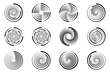 Siyah, kalın yarım tonlu hız çizgilerini ayarlayın. Çerçeve, logo, dövme, web sayfaları, baskılar, posterler, şablon için tasarım öğesi. Daire şeklinde hız çizgileri. Geometrik sanat. Soyut vektör
