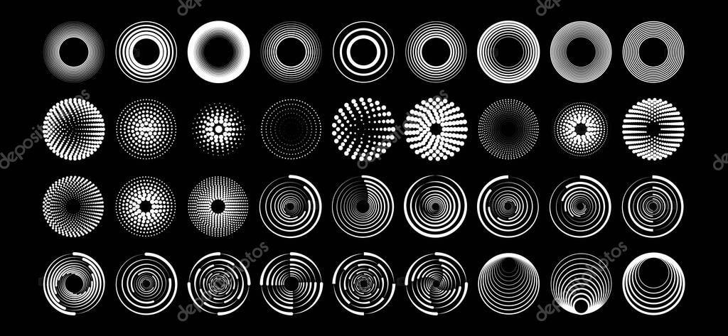 Set black thick halftone dashed speed lines. Design element for frame, logo, tattoo, web pages, prints, posters, template. Velocity lines in the shape of a circle. Geometric art. Abstract vector