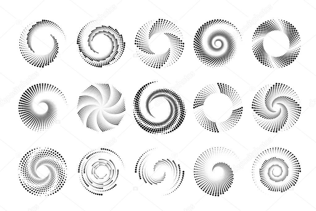 Swirl dotted halftone icons. Vortex digital futuristic logos set. Vector geometric shapes.