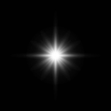 Siyah üzerine parlayan yıldız. Işık yanıp sönüyor. Parlak efektli şeffaf elementler.