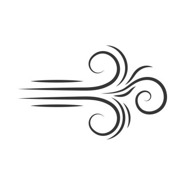 Hava harekat işaretinin rüzgar yönü, siyah kıvrım çizgileri hareket yoğunluğunun silüeti, duman sisi ya da rüzgar. Beyaz izolasyonda vektör ögesi.