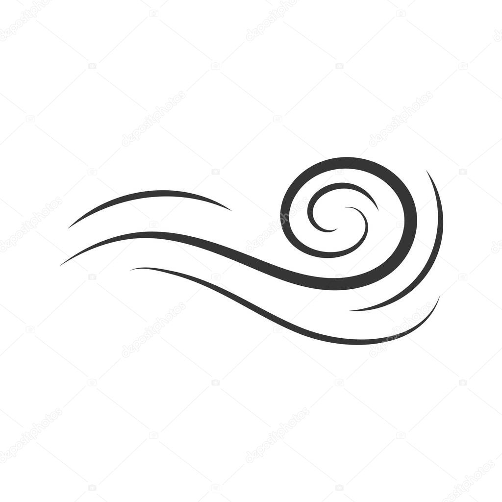 Wind direction of air movement sign, black curl lines silhouette sign of movement intensity, smoke fog or wind. Vector element on white isolate.