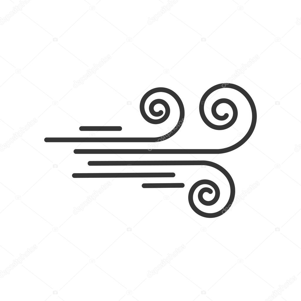 Wind direction of air movement sign, black curl lines silhouette sign of movement intensity, smoke fog or wind. Vector element on white isolate.