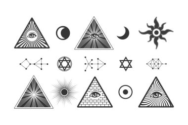İlluminati okült sembolleri seti, masonlar her şeyi gören göz piramidi, vektör elementleri beyaz üzerine izole.