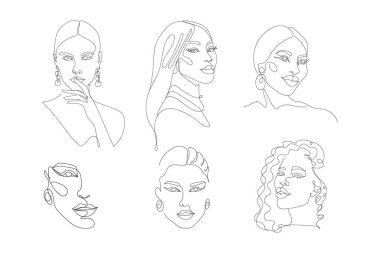 Farklı ırktan genç kadınların tasvirleri. Minimalist vektör doğrusal kadın siluetleri kümesi.